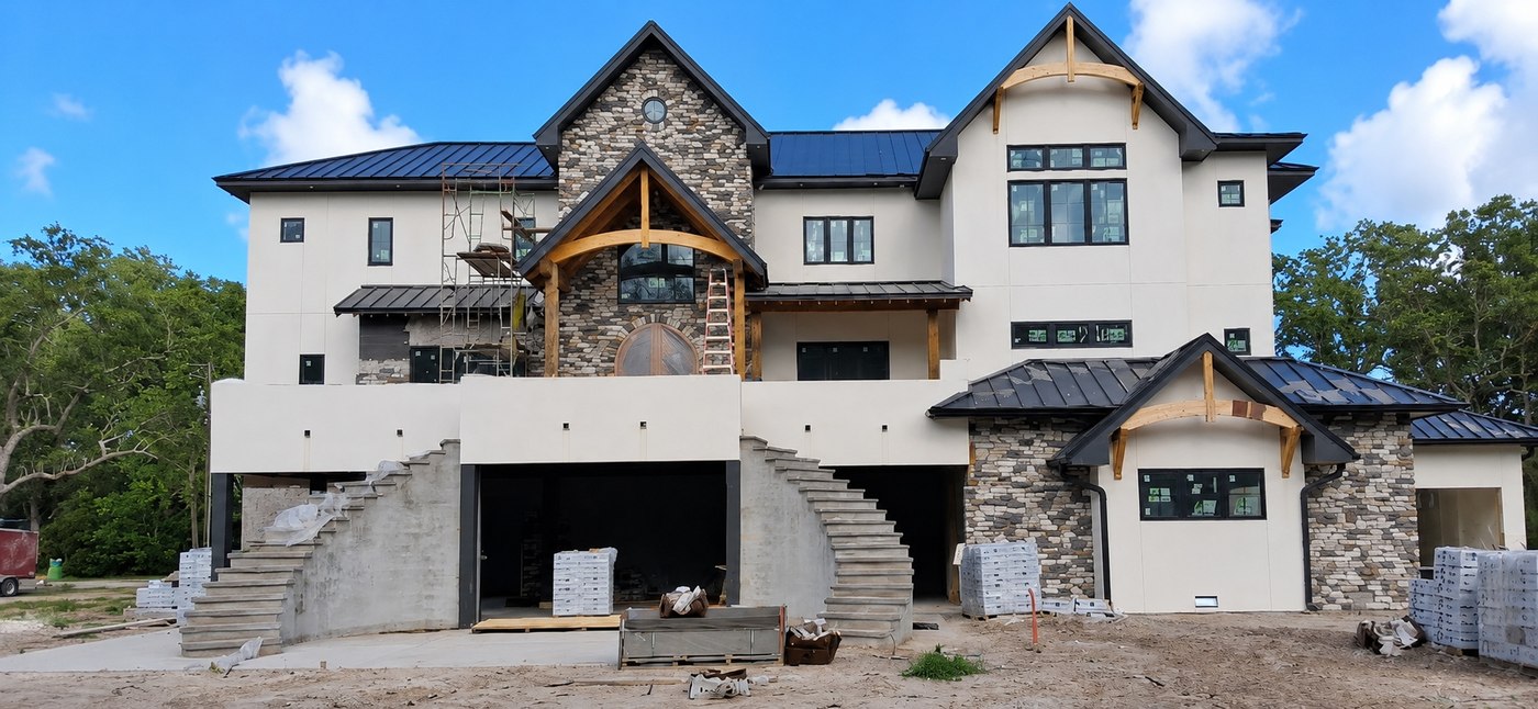 Stone and stucco veneer on luxury home exterior